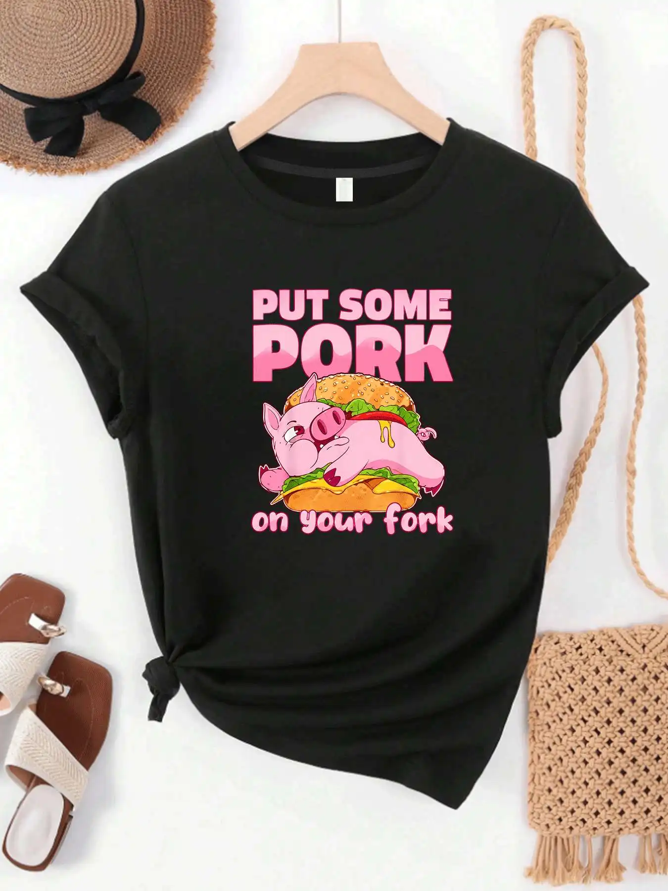 【MYJ062654】Beer Festival women's T-shirt with grilled pork pig pattern round neck short sleeved T-shirt for women