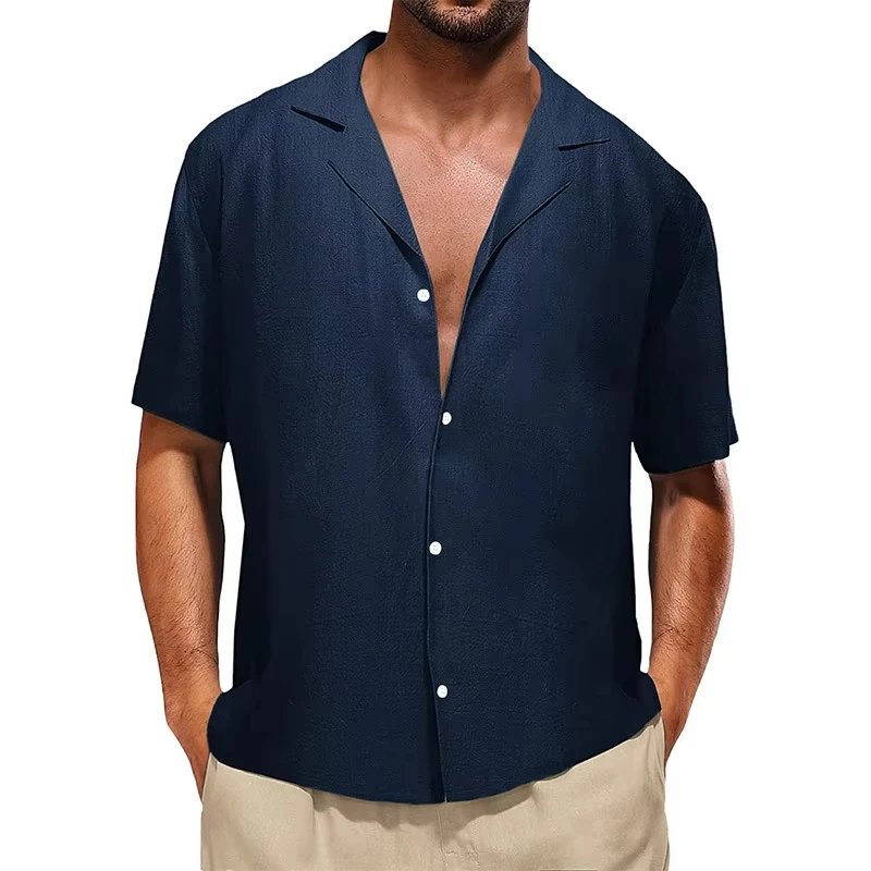 

kx581 Flax Hot Selling Men's Button Short Sleeve Shirt Summer Solid Color Collar Casual Beach Style