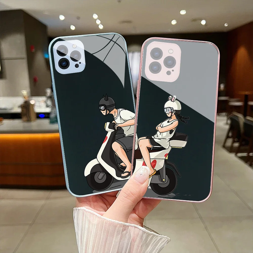 

Motorcycle Girl Boy Couple Phone Case For IPhone 15 14 13 12 Mini 11 Pro Max X XS XR 6 7 8 SE Plus Glass Hard Cover