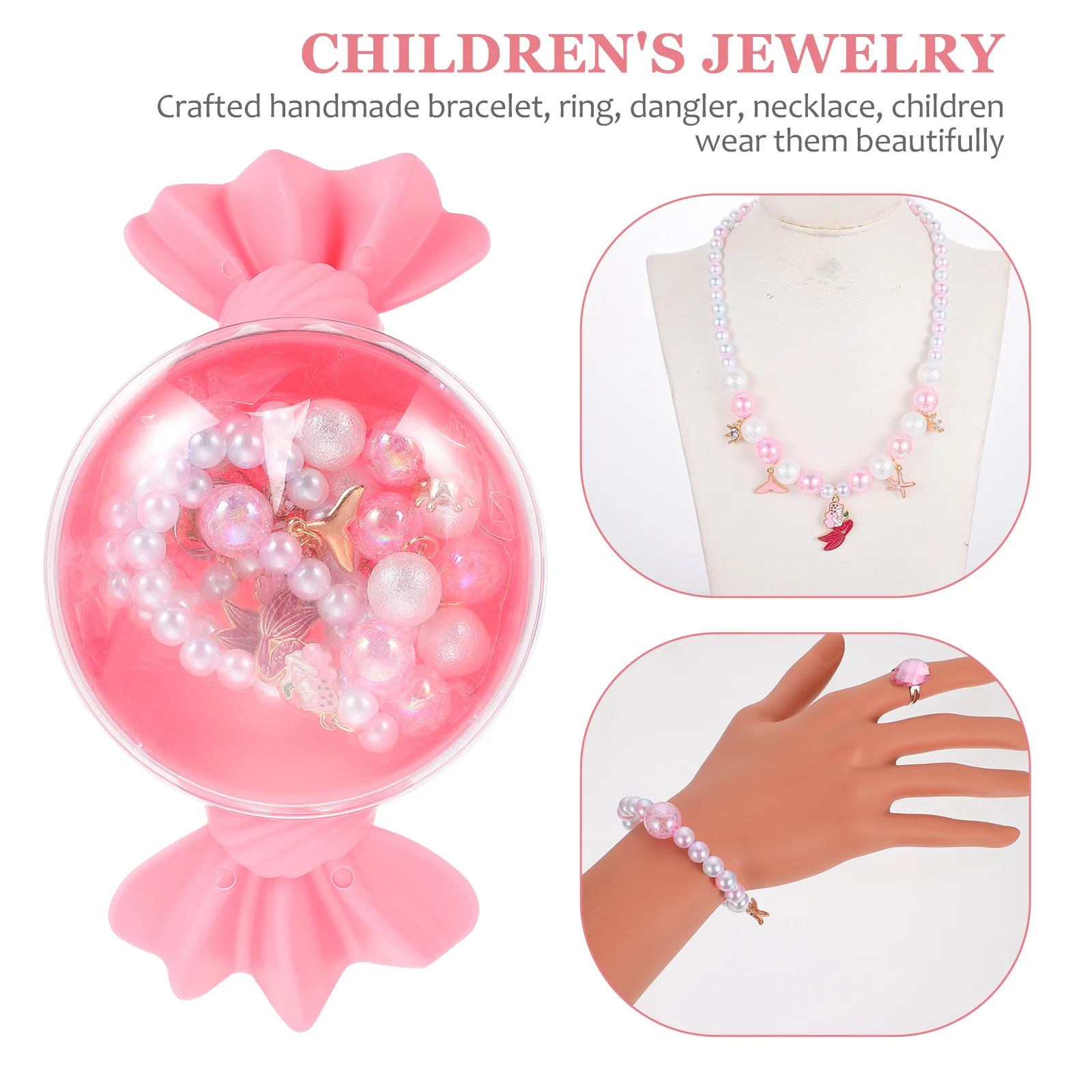 4Pcs Kids Mermaid Themed Beaded Jewelry Necklace Bracelet Ring Dangler Colorful Beads Wrist Decor Accessories Kids Wrist Decor