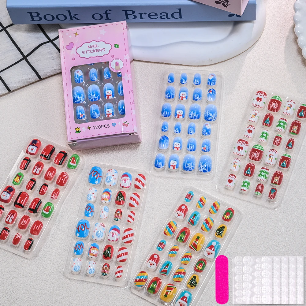 120 قطعة/صندوق عيد الميلاد الاطفال الفتيات قصيرة الأظافر كاذبة لطيف سانتا كلوز ندفة الثلج عصا على الأظافر غطاء كامل عيد الميلاد الكرتون الأظافر كاذبة #4