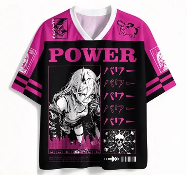 Chainsaw Man PowerV Leader Anime Pink Black Mesh Quick Drying Manga Art Character Pattern Loose Street Style T-shirt