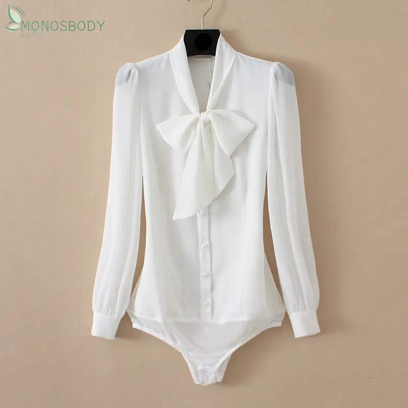 Elegant Bodysuits Women Bow Tie Pattern Long Sleeved Rompers Office Lady Blouses and Tops Overalls Business Work Chiffon Shirts