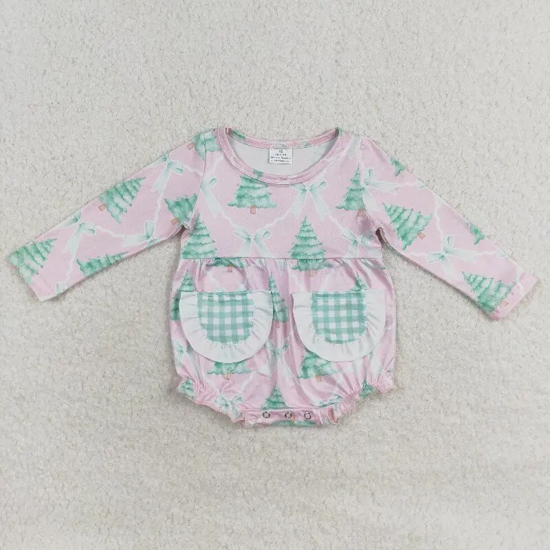 

8.22y Boutique Baby Girl Romper Christmas Tree Bow Green Plaid Pocket Lace Pink Long Sleeve Onesie Wholesale