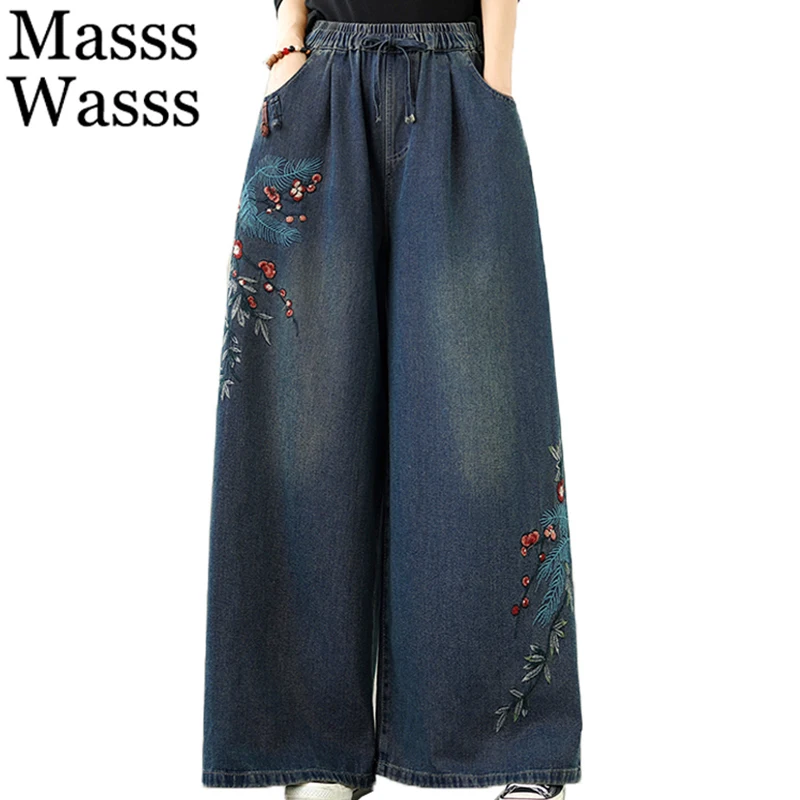 

Masss Wasss Autumn Chinese Vintage Jeans Womens Classic Fashion Leisure Denim Wide Pants Embroidery Loose Elastic Waist Trousers
