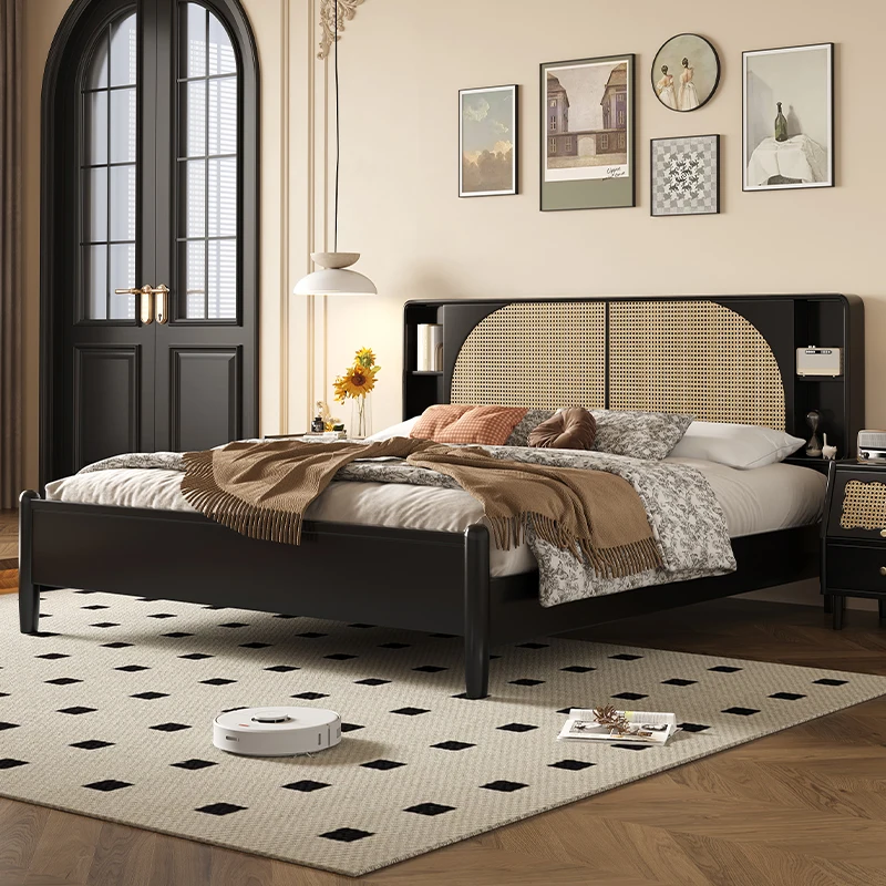 

Nordic solid wood rattan bed 1.8m modern minimalist master bedroom wabi sabi retro wind black bed French medieval double bed