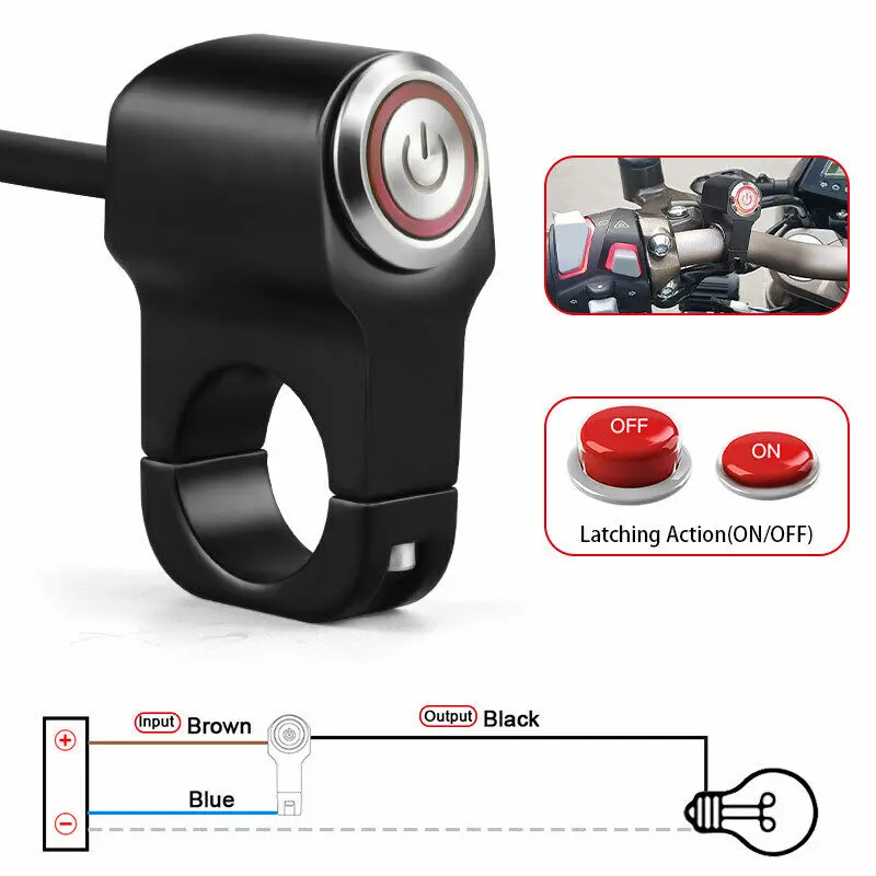 22mm 7/8in Motorcycle Handlebar Headlight Switch with Red/Blue LED Light Fog Spot Light Momentary Button Switch Waterproof