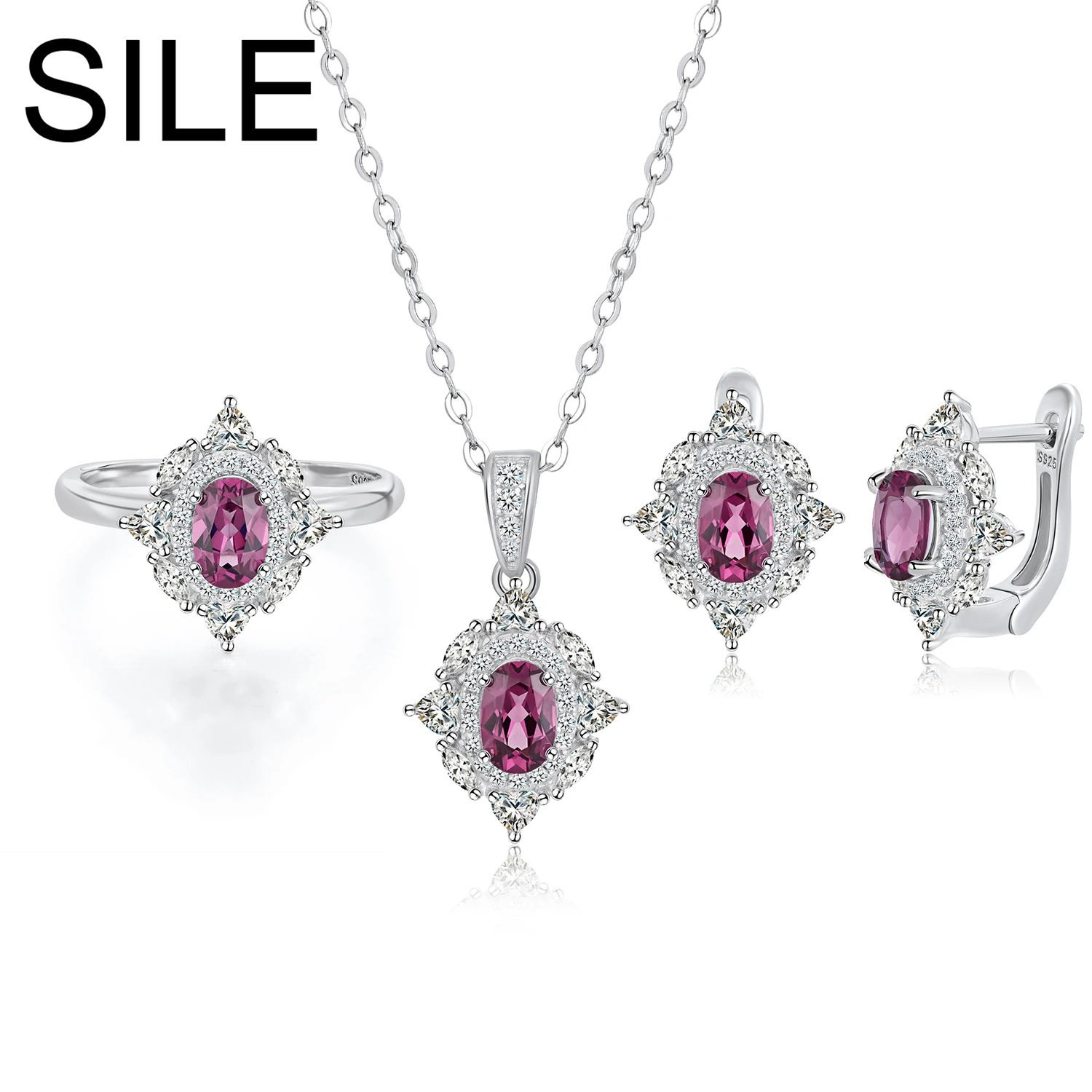 

SILE Luxury Women Party Dating Jewelry Sets 925 Sterling Silver Adjustable Rings Necklaces Stud Earrings Kits Fine Jewelry Suits