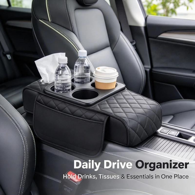Stocking Stuffers Car Armrest Storage Box, Center Console Organizer, Armrest Heightening Cushion with Cup Holder, Multi-Purpose