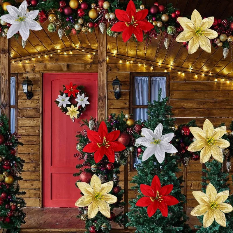 عيد الميلاد الزهور الاصطناعية الأحمر بريق البونسيتة مع مقاطع شجرة عيد الميلاد شنقا زخرفة DIY إكليل الزفاف السنة الجديدة الديكور #5