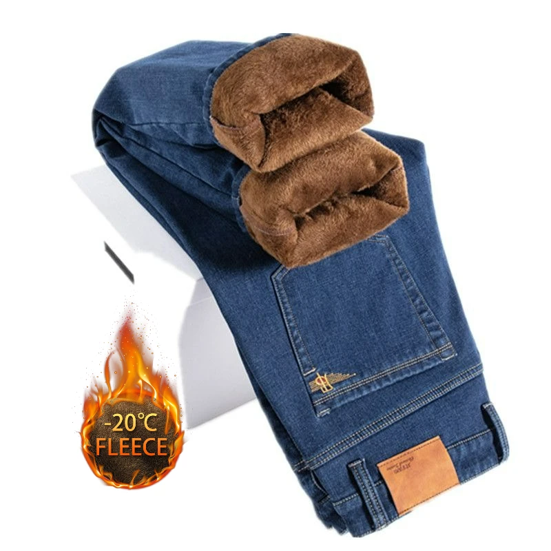 Осень-зима, теплые мужские джинсы, флисовые утолщенные эластичные черные, синие деловые прямые повседневные джинсовые брюки, брендовая мужская плюшевая одежда