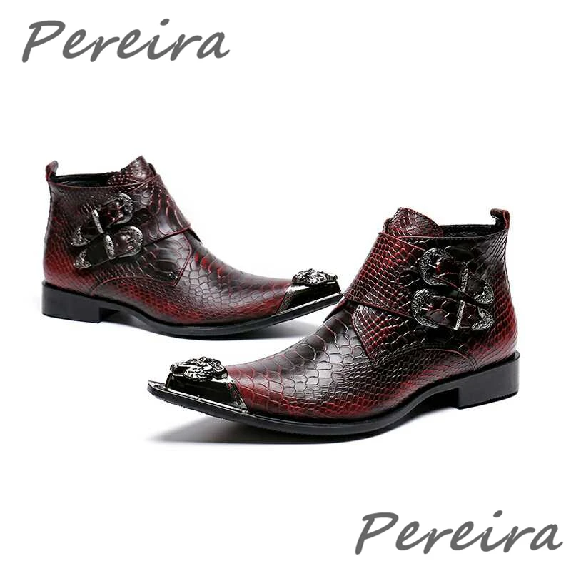Men's Wine Red Cowhide Chelsea Boots British Style Metal Buckle Pointy Toe Side Zipper Short Boots Banquet Party Dress Shoes