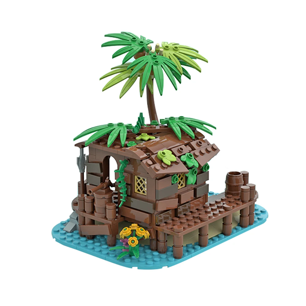 Pirate Shack MOC Building Blocks, Seaside Hideout Diorama with Treasure Chest, Coastal Scene Model for Adult Collectors