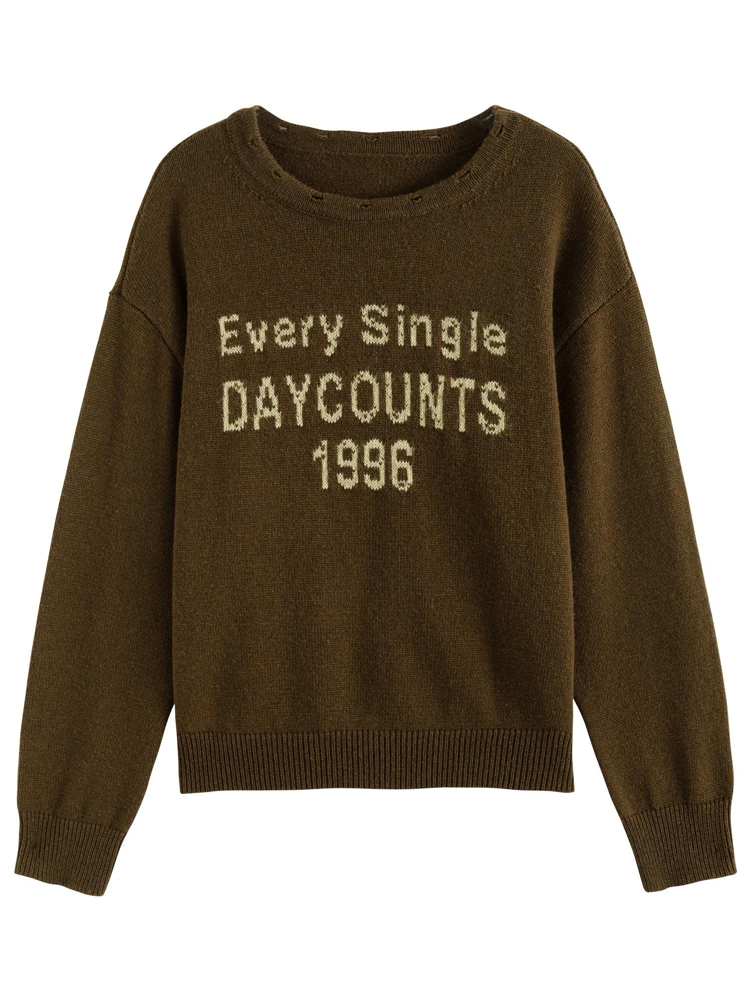 DUSHU WinterWomen Sweater Letter Printed Female Brown Casual Pullover Sweaters Round Neck Drop Sleeve Knitted Tops 24DS84642