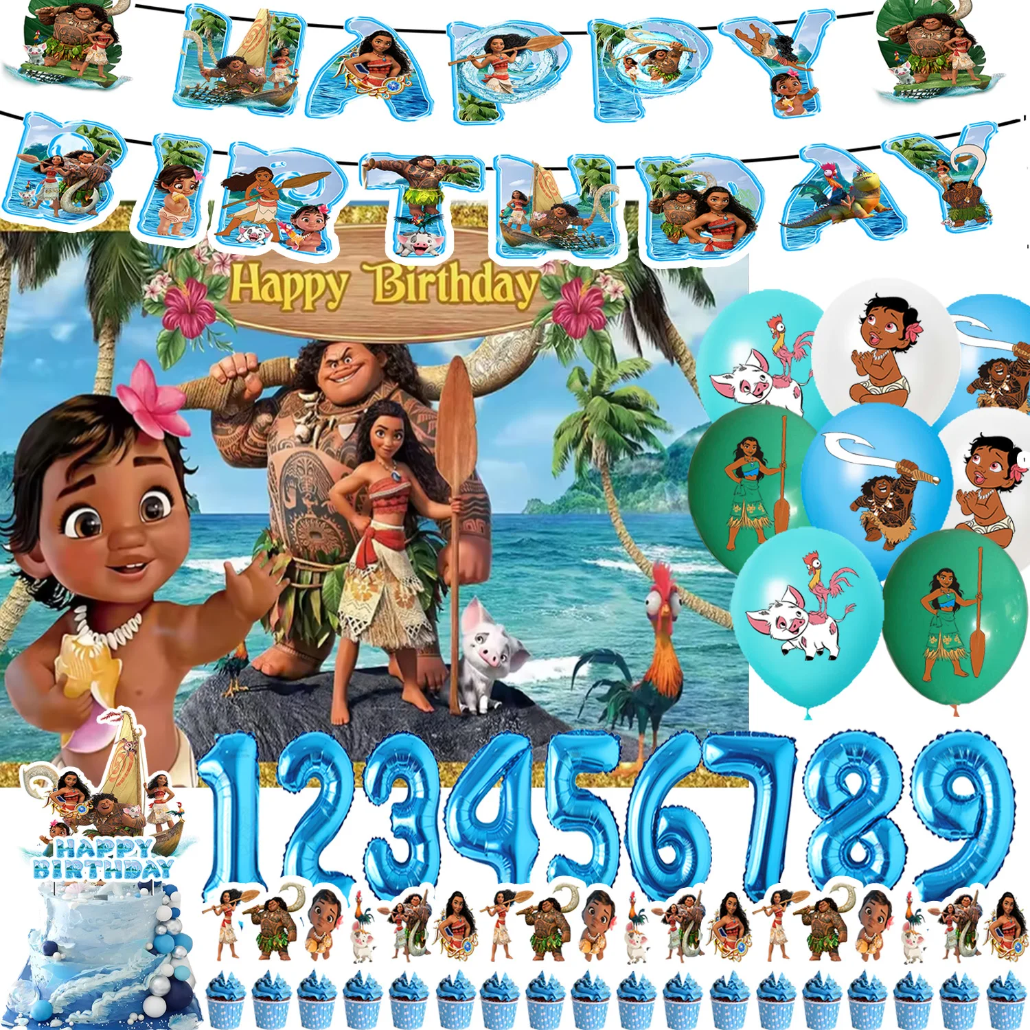 

Disney Ocean Moana Theme Girls Birthday Decor Latex Cartoon Number Balloon Backdrop Cake Topper Kids Baby Shower Party Suppllies