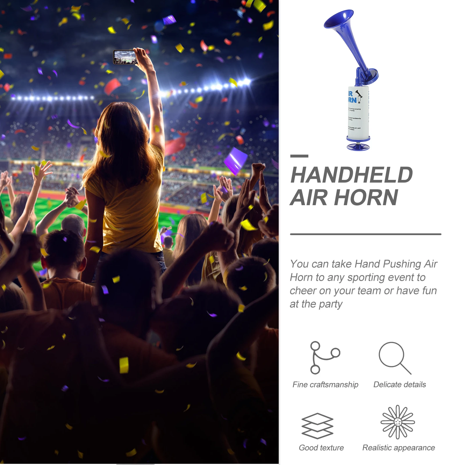 

Ручной воздушный горн для болельщиков: портативный, громкий, для стадионов и уличных мероприятий, для живых выступлений и празднований.