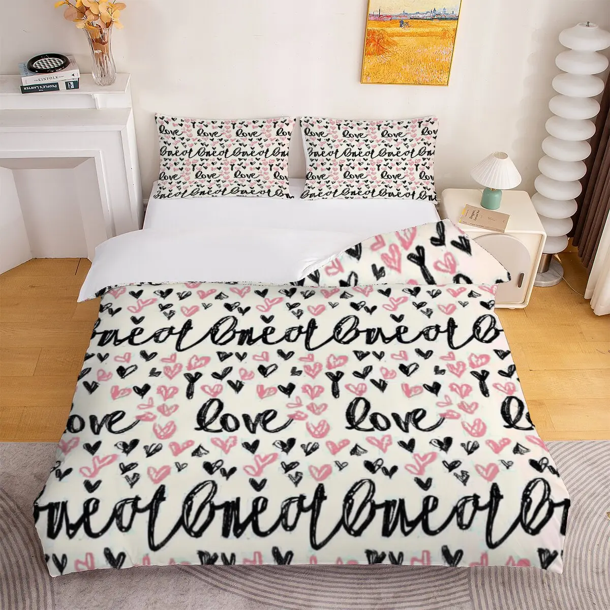 Love pattern  Down comforter set large size  pink heart  Duvet cover set, 1 duvet cover and 2 pillowcases