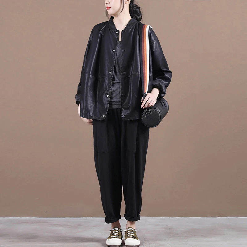 Gola de beisebol solta couro jaet casual outerwear para mulheres marca loja produtos sob medida longo sve cor pura commute sle