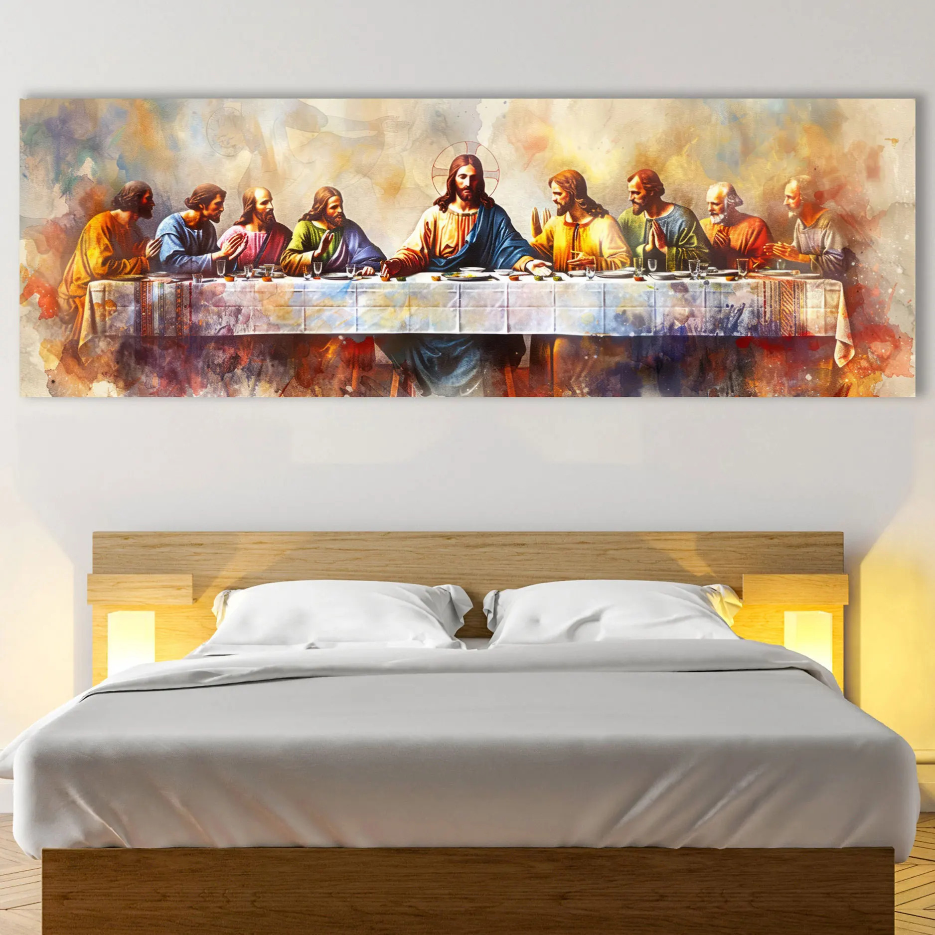 Jesus Christ The Last Supper Canvas Wall Art, Maundy Thursday Poster Print, Watercolor Biblical Illustration Wall Art Home Decor