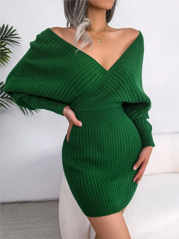 Autumn Winter Sexy Cross V-neck Bat Sleeve Sweater Wrap Hip Skirt Women's Solid Color High Waist Personality Long-sleeved Dress