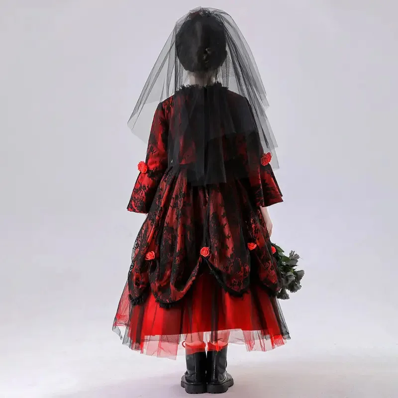 طفل العروس تأثيري شبح شيطان الساحرة الأميرة الأحمر الداكن أداء حفلة فستان هالوين مصاص دماء ازياء sk;m1