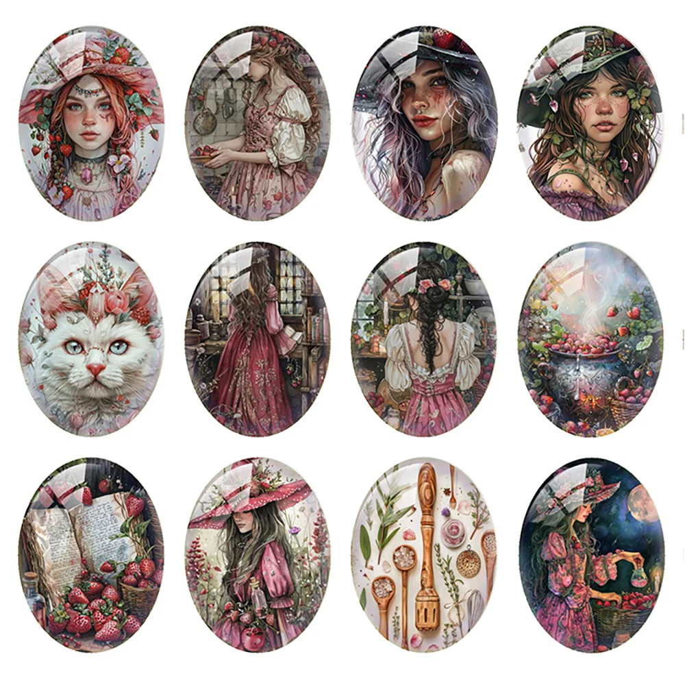 

10pcs/lot Halloween Gothic Pink Witch Wizard Strawberry Cat Oval Photo Glass Cabochon Flatback Demo Cameo Diy Jewelry Making