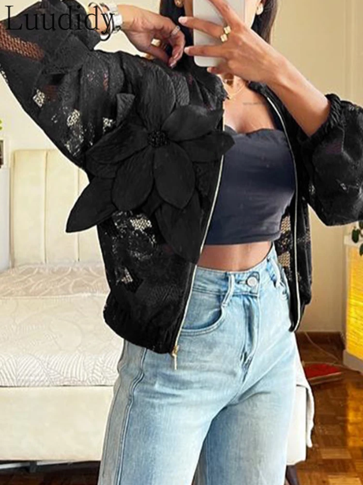 

Stand Collar Zipper Front Sheer Lace Crop Jacket Casual Loose Fit Coat