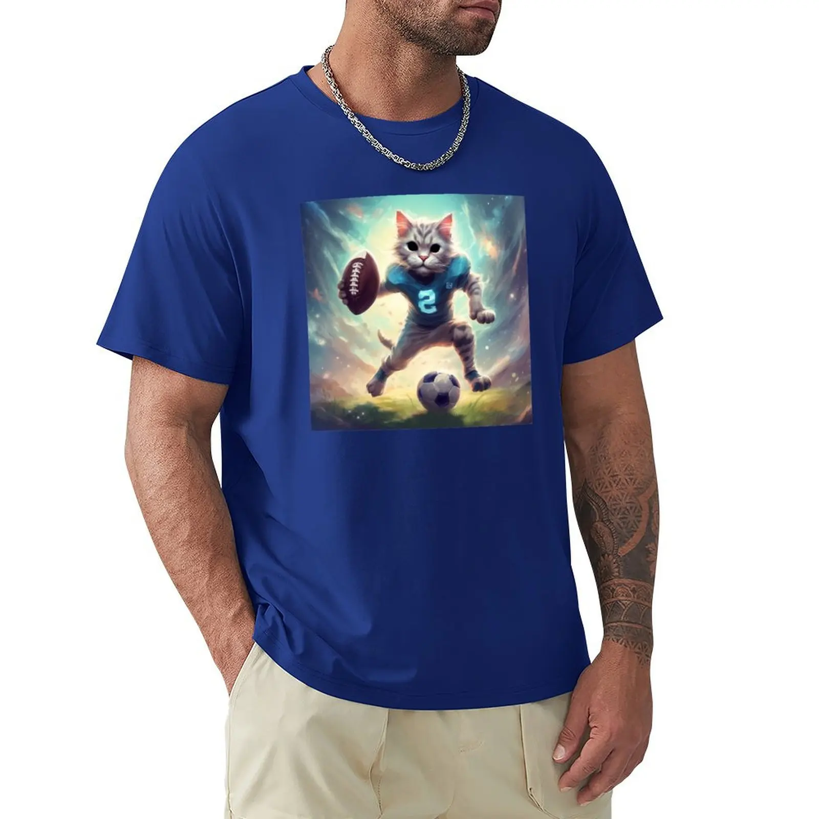 Cat playing game football T-shirt blanks quick drying sweat shirts, men