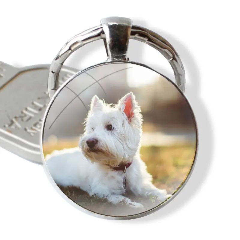 Cute Lover Fashion Keychain Handmade Glass Cabochon Key Ring Holder Pendant Key Chains Westie Terrier Dog Puppy Highland Terrier