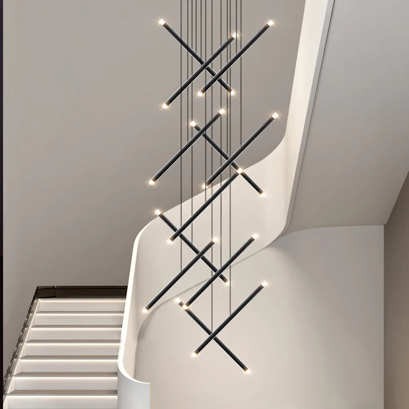 Suspension LED cylindrique pour escalier, lampe de salon design, lustre de grenier moderne, longue suspension pour hall d'hôtel