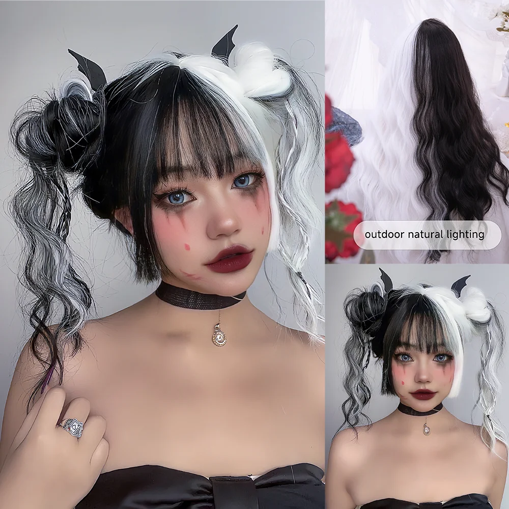 28Inch Lolita Black And White Color Synthetic Wigs With Bang Long Curly Wavy Hair Wig For Women Daily Use Party Heat Resistant