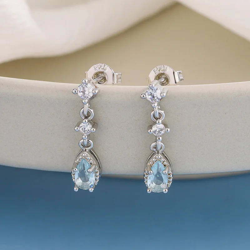 New Fashion Blue Water Drop Geometric 925 Sterling Silver Jewelry Temperament Exquisite Earrings   E059