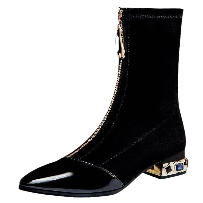 Women Shiny Sequin Ankle Boots Winter Fashion Pointed Front Zipper Rhinestone Square Heels Short Boots Retro Motorcycle Shoes_voghion.com