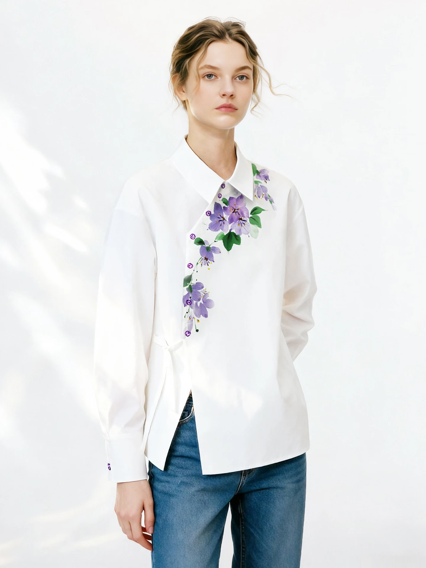 

New Chinese Style Hand-Painted Print Asymmetrical Button-Up Cotton Blend Women's Casual Shirt Spring Design Loose Fit Top