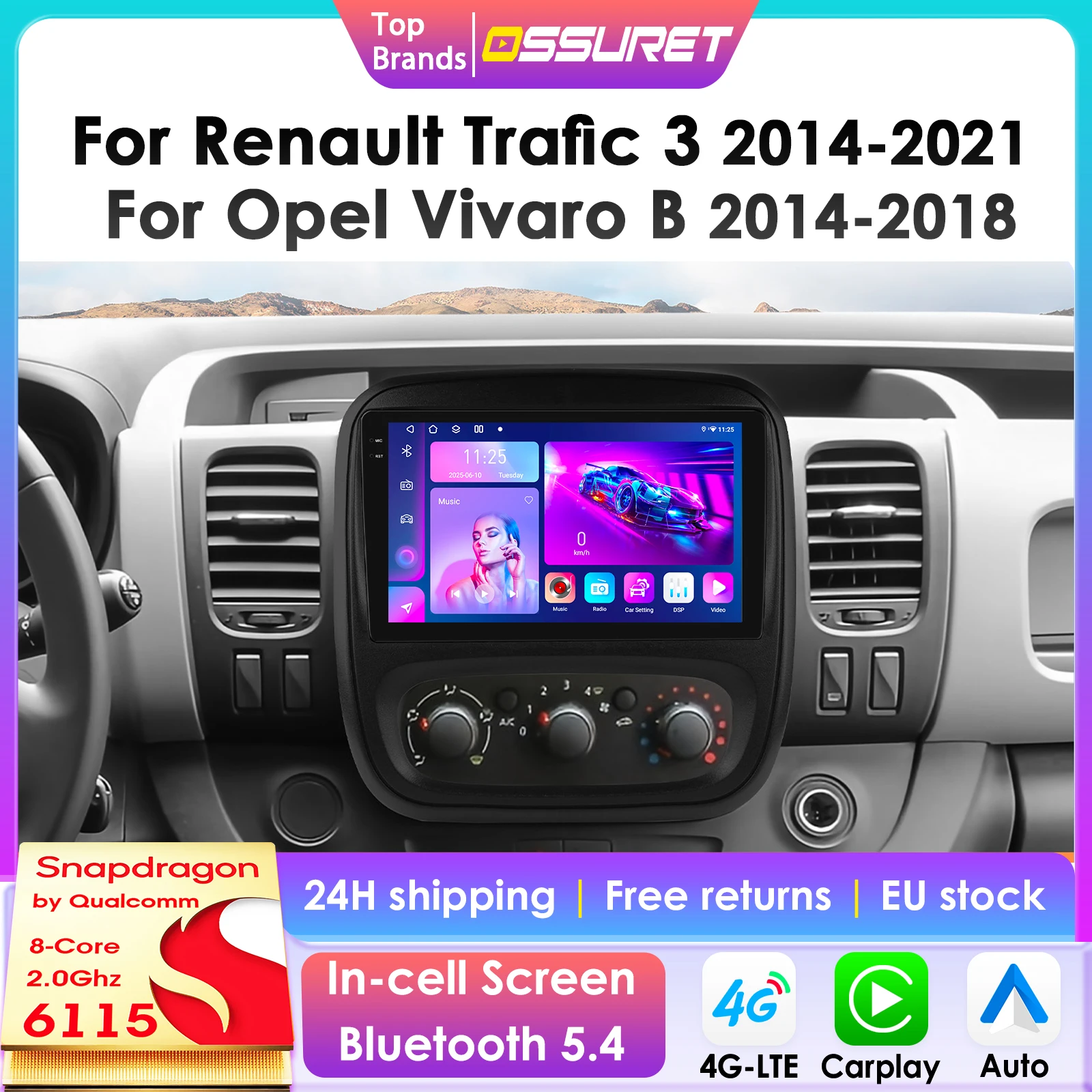 OSSURET 2Din CarPlay Lettore multimediale per auto Android per Renault Trafic 3 2014-2021 per Opel Vivaro B 2014-2018 Navi GPS 6115