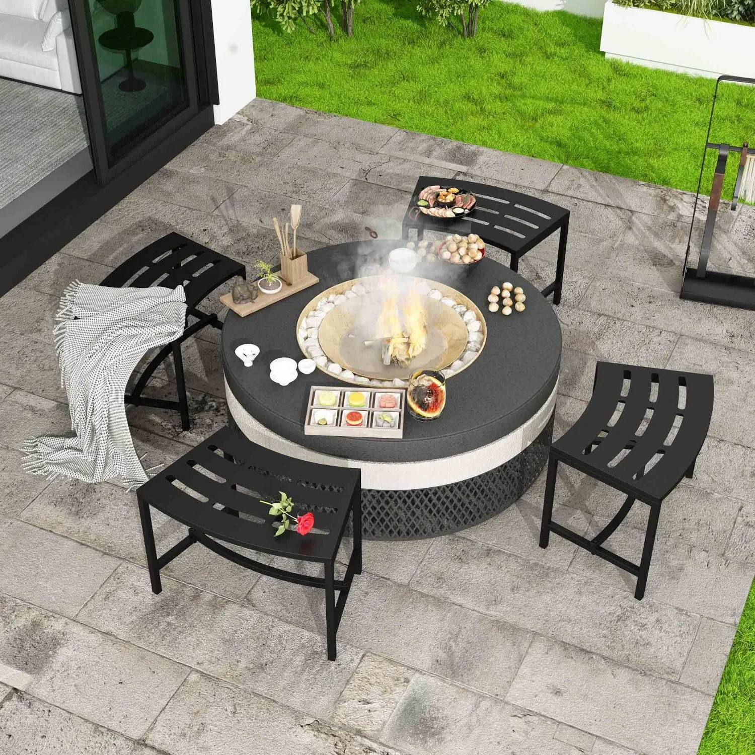 Metal Outdoor Curved Fire Pit Bench Set of 4, Fire Pit Seating Waterproof, Steel Backless Outside Tree Bench