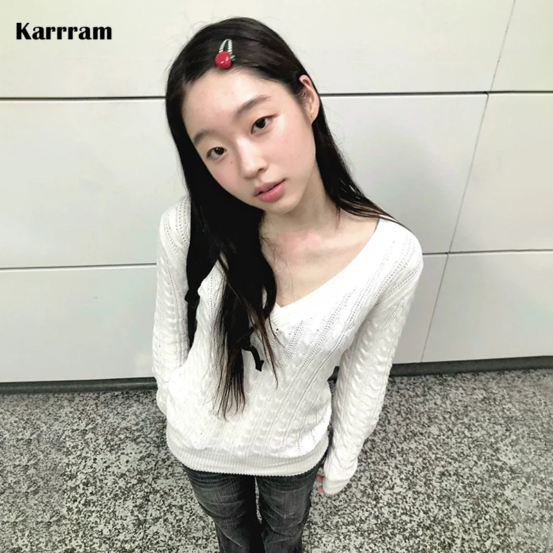 Karrram Japanese Y2k V-neck White Sweater Vintage Harajuku Knit Slim Pullover Korean Style Fall Winter Knitwear 2000s Aesthetics