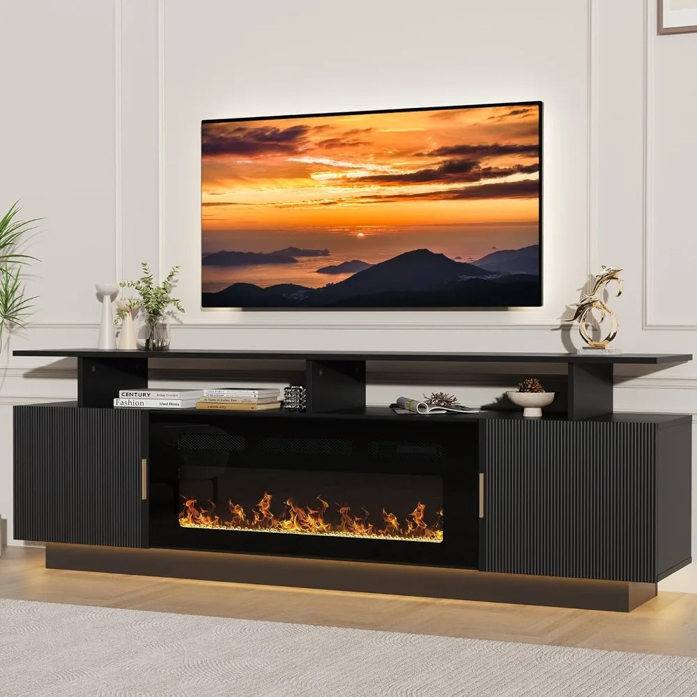 

70'' TV Stand with 36'' Electric Fireplace - 23'' High Black Entertainment Center, Changeable LED Light, Power Outlet, Fits 65''