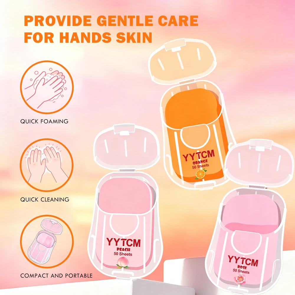 Orange-Flavored, Rose-Flavored, Peach-Flavored Portable Soap Sheets, Hand-Washing Paper Soap, Travel Outdoor Disposable Hand-Washing Soap Sheets, 50 Sheets/Box
