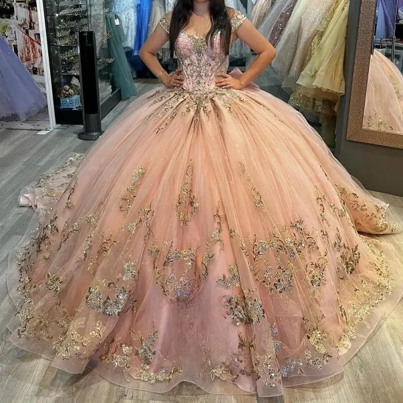 

Customized Rose Gold Exquisite Floral Appliques Quinceanera Dresses for girls Off the Shoulder Bowknot Corset 15 Anos Vestido