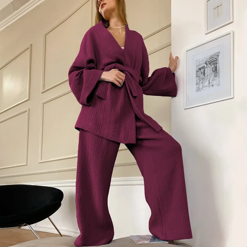 Women\'s Nightgown Robe Loose Pajama Sets Flare Nightgown+Trouser 2Pcs Suit Solid Color 2024 Spring Autumn Female Bathrobe