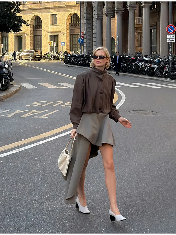 Women Chic Gray High-waisted Asymmetrical Midi Skirt Fanshion Ruffled Layered Design Bodycon Dress Formal Office Daily Wear New