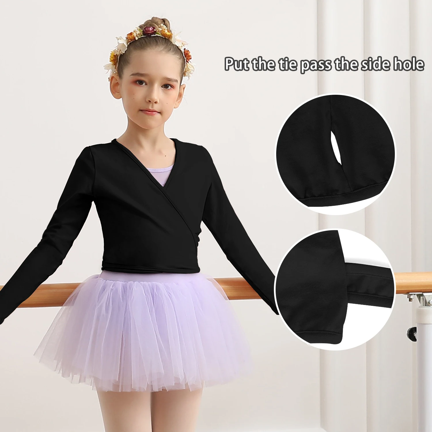 Ballet Wrap Top for Girls Long Sleeve Dance Cardigan for Toddlers,Waist Self Tie