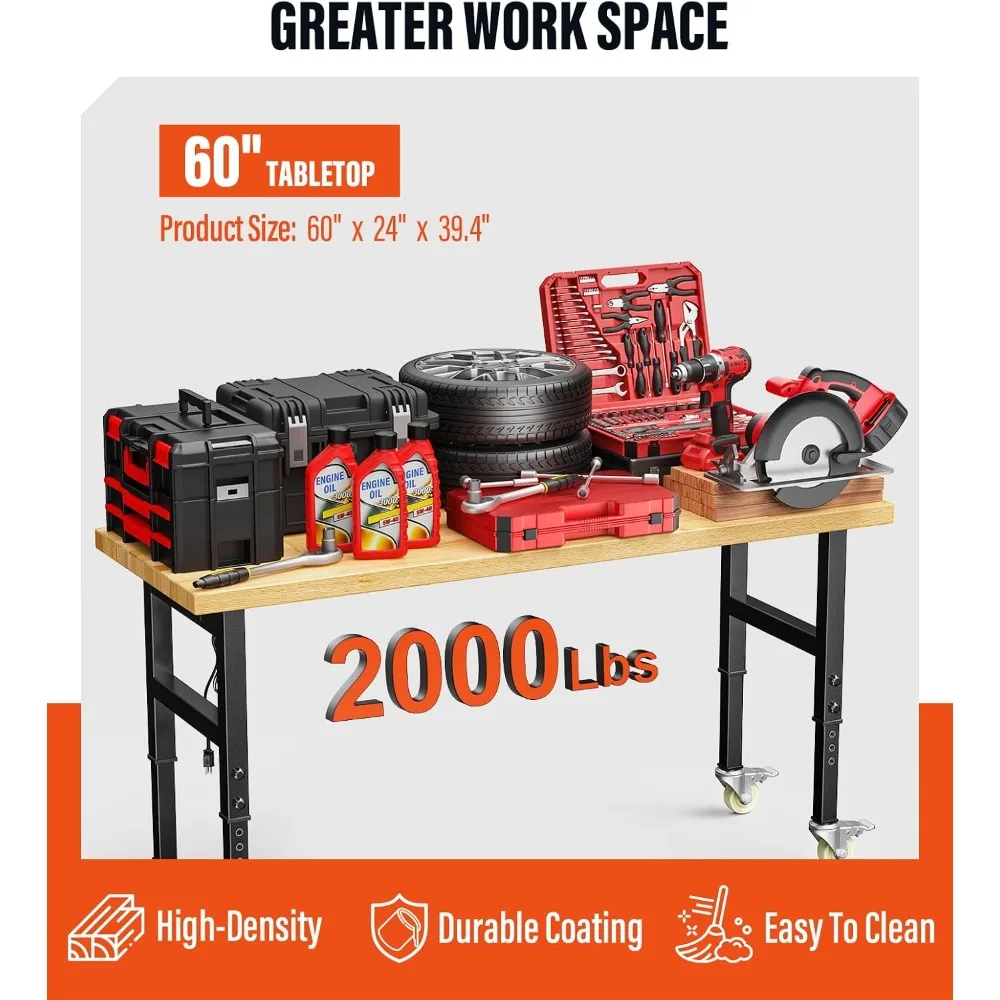 60" Adjustable Work Bench,Hardwood Top Garage Work Bench Table,Heavy Duty 2000 LBS Load Worktable,Rolling Mobile Workbench
