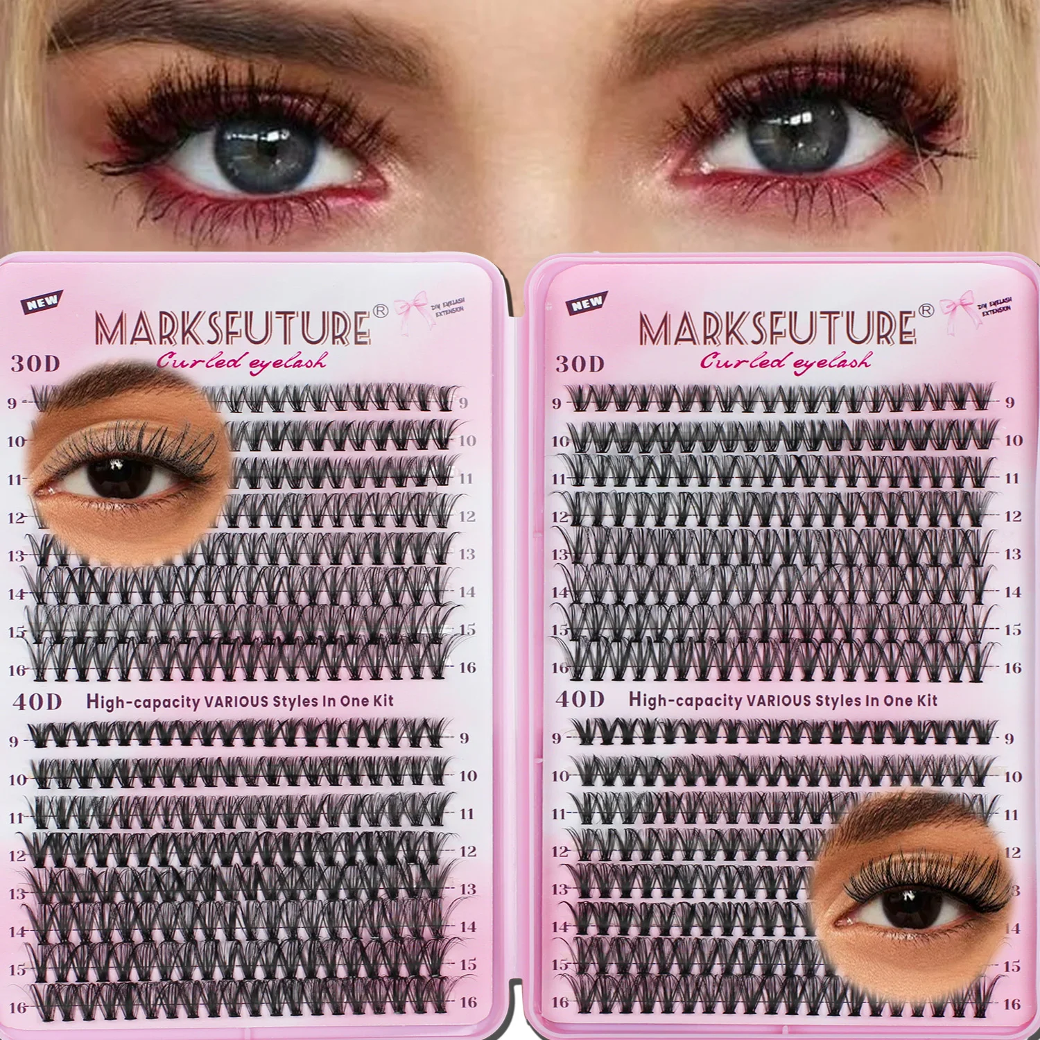 MARKS FUTURE Cluster Eyelash Extension Kit 640pcs 30D40D individual lashes, ultra-thick, D-curl 9-16mm mixed length lashes, DIY eyelash extensions at home, fluffy manga lashes