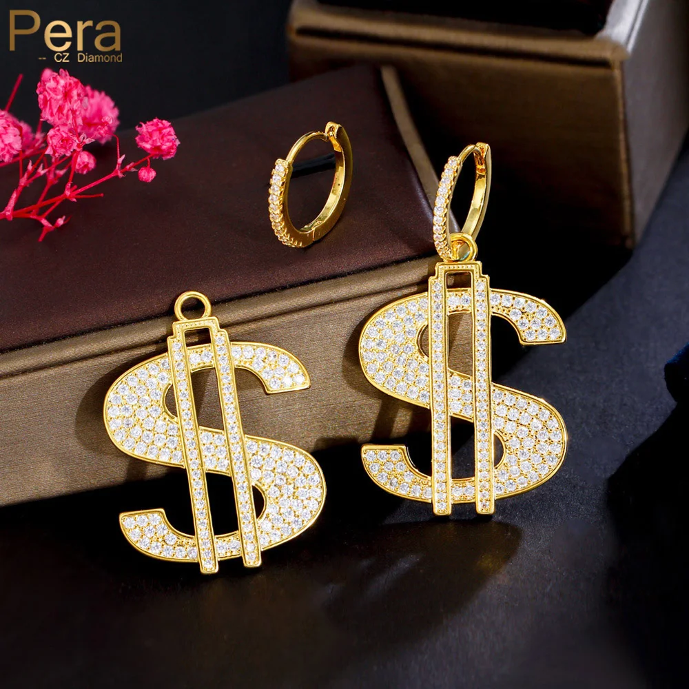Pera Bling Ice Out Cubic Zircon Длинные золотые серьги в стиле хип-хоп с подвесками в виде большого доллара для лучшего друга, ювелирные изделия, подарок E076