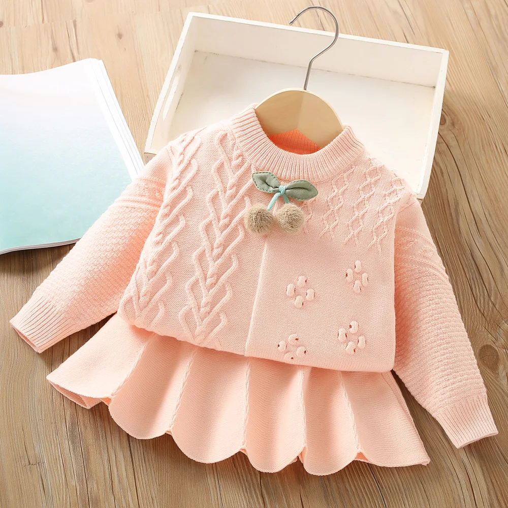 Girls Knitted Clothes Sets 2024 Spring Autumn Children Cweaters Coats Skirts 2pcs Dress Suit For Baby Party Costume Kids Outfits