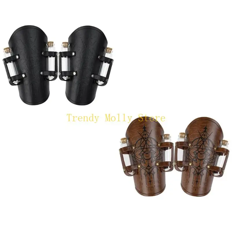 

N5KB Medieval Leather Arm Bracers Gauntlets Wrist Guards Cork Vials Witch Wizard Cork Potion Bottle for Cosplay Halloween