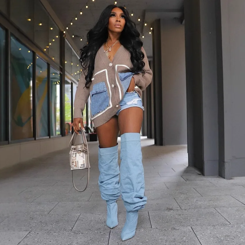 NEW 2026 여성 니트 가디건 데님 패치워크 싱글 브레스티드 버튼 프론트 루즈핏 캐주얼 코트