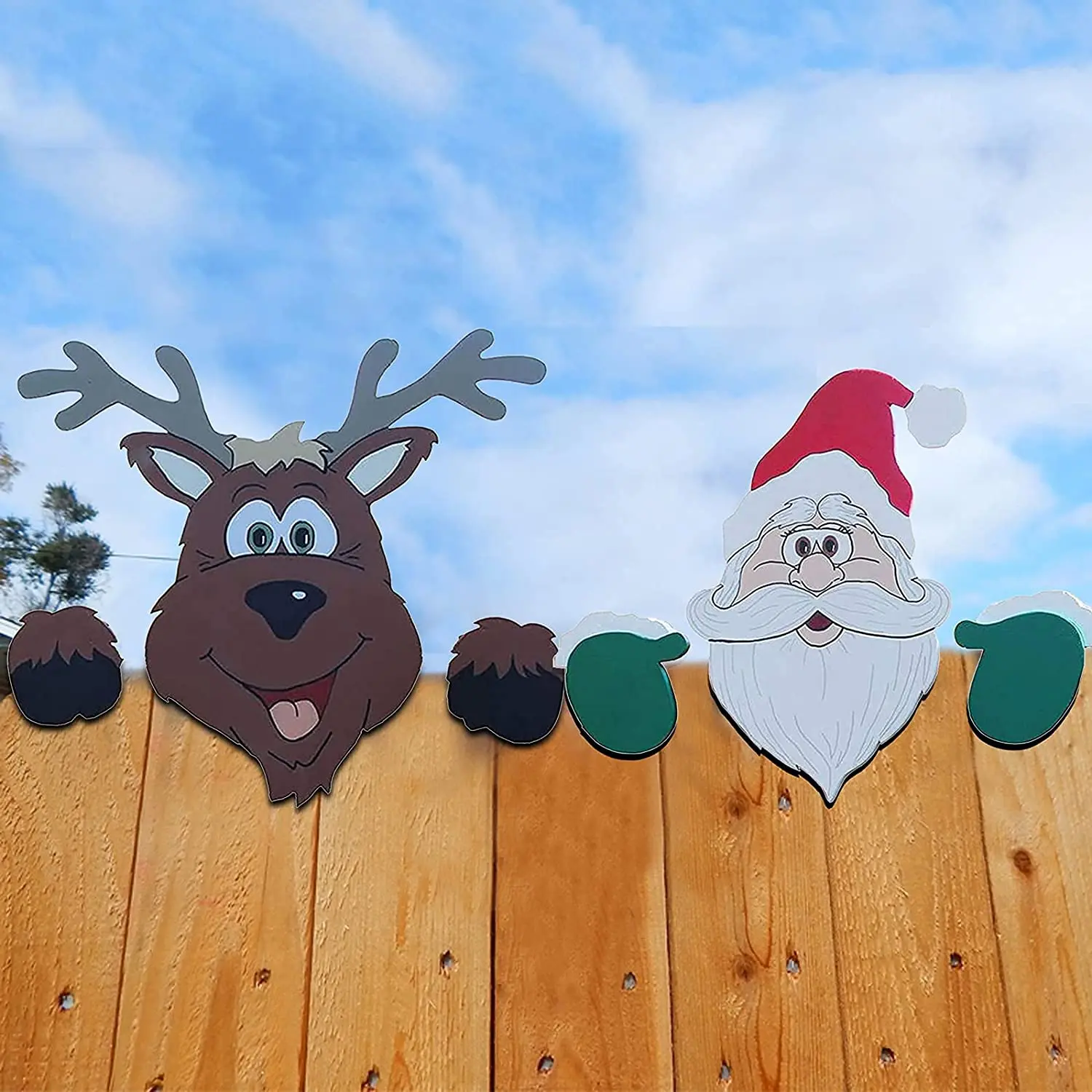 Christmas Fence Peeker Decoration Santa Claus Elk Peeking Garden Yard Decorations, Xmas DIY Outdoor Garden Fence Sign Ornament F
